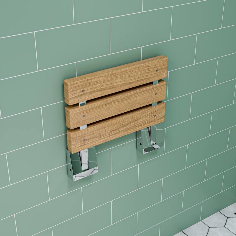 Polished Chrome 16" Folding Teak Wood Shower Seat Bench