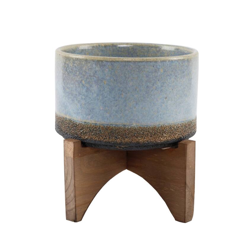 Mid-Century 6.25" Lava Pot on Woodstand - Blue