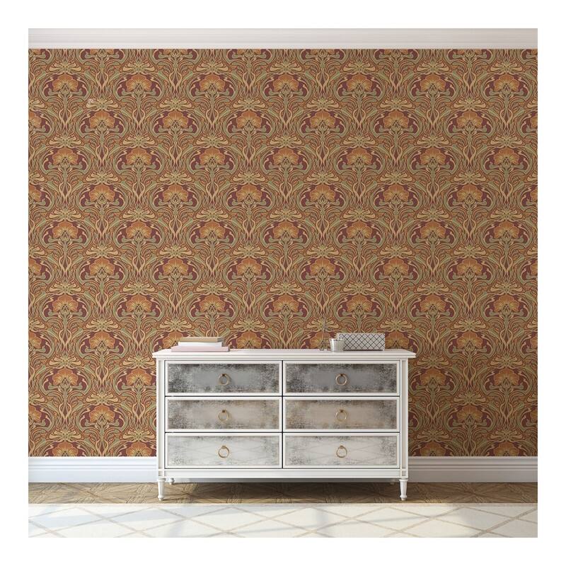 Crown Donovan Burnt Sienna Nouveau Floral Wallpaper - 20.5 x 396 x 0.025