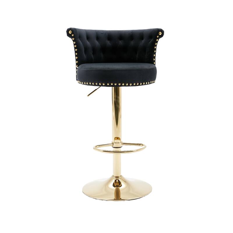 Velvet Upholstered Tufted Nailheads Swivel Adjustable Height Bar Stools With Golden Footrest(set of 2)