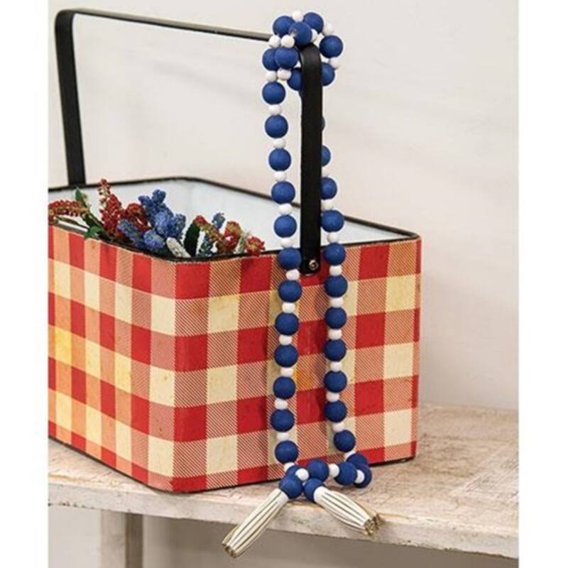 44.5" Blue and White Wooden Beaded Garland with Tassels Farmhouse Rope Decor for Tray or Shelf
