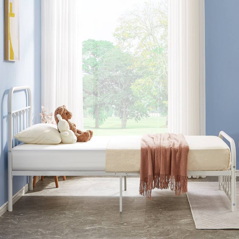 Javlergo White Metal Platform Bed Frame with Headboard and Footboard Quiet Heavy-Duty Frame No Box Spring Needed