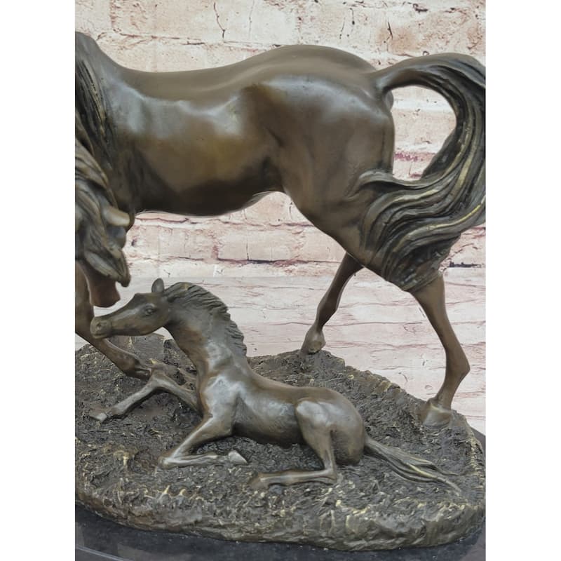 Horses Mare W/Foal Horse Bronze Sculpture Wild Farm Animal Marble Base