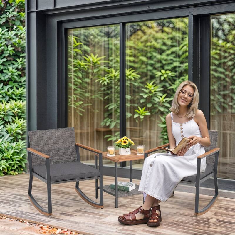 3 Pieces Rocking Wicker Bistro Set, Patio Outdoor Furniture Conversation Sets with Porch Chairs and Glass Coffee Table