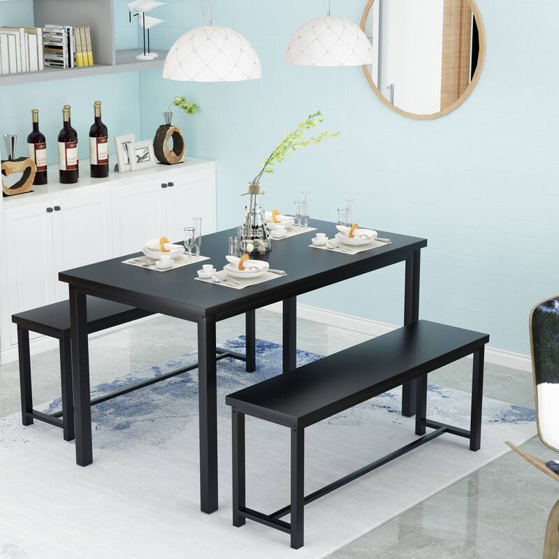 Dining Table Set with Two Benches, Kitchen Table Set for 4 Persons - Black