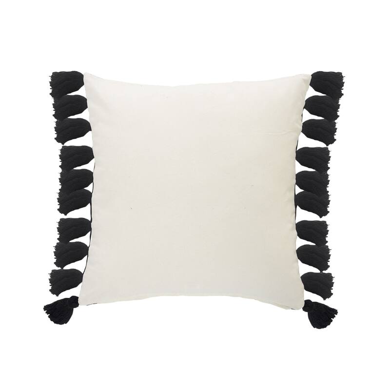20" Off-White and Black Striped Pattern Square Throw Pillow with Fringe