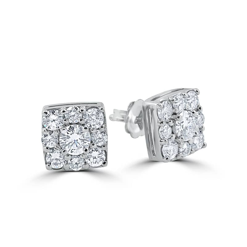 1 1/5ct Cushion Halo Round Diamond Studs White Gold 8mm