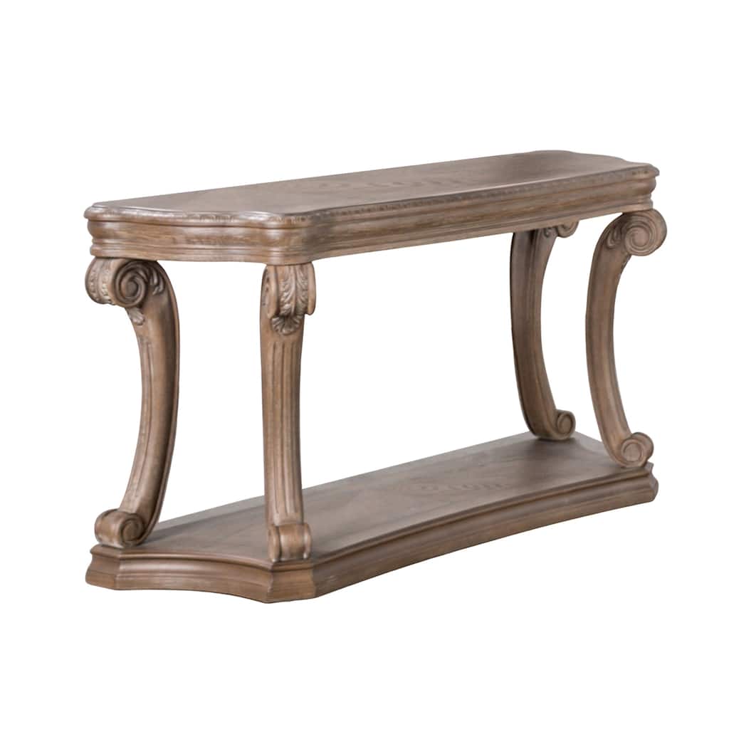 Wooden Sofa Table with Open Bottom Shelf in Weathered Oak