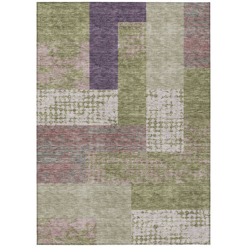 Machine Washable Indoor/ Outdoor Modern Blocks Chantille Rug