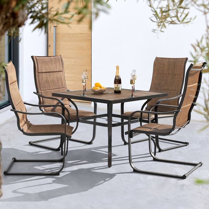 Outdoor Dining Set with Umbrella Hole, Breathable Textilene and Iron