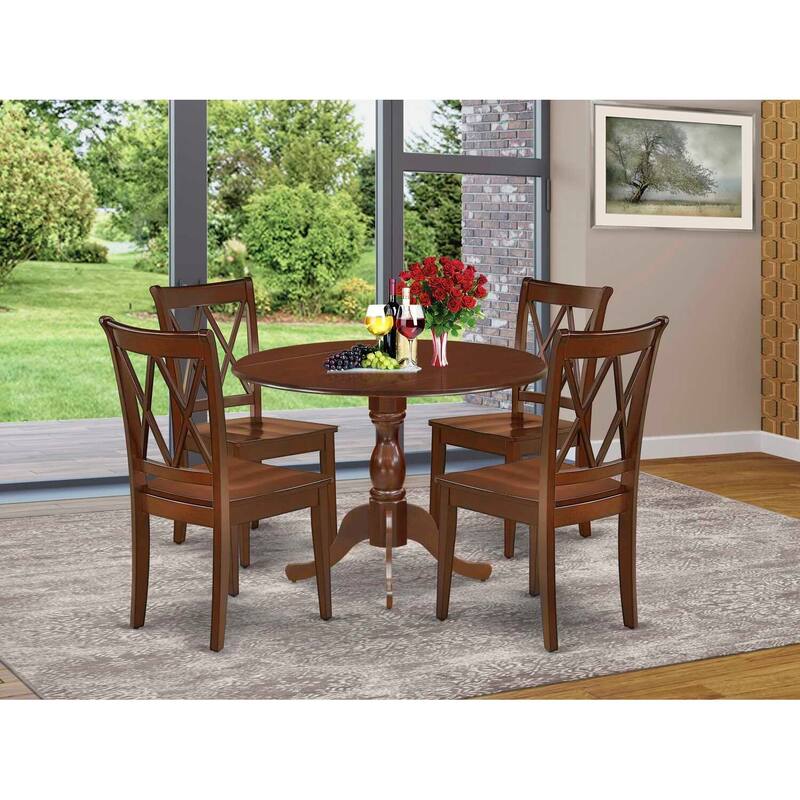 HomeStock 5-Piece Mahogany Finish Solid Wood Top Dining table with 4 Chairs with Drop Leaf Lattice Back