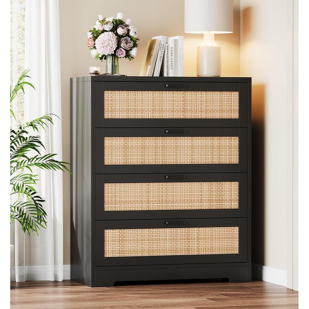 4/5 Drawer Rattan Dresser for Bedroom, Wood Dresser Chest of Drawers with Power Outlets