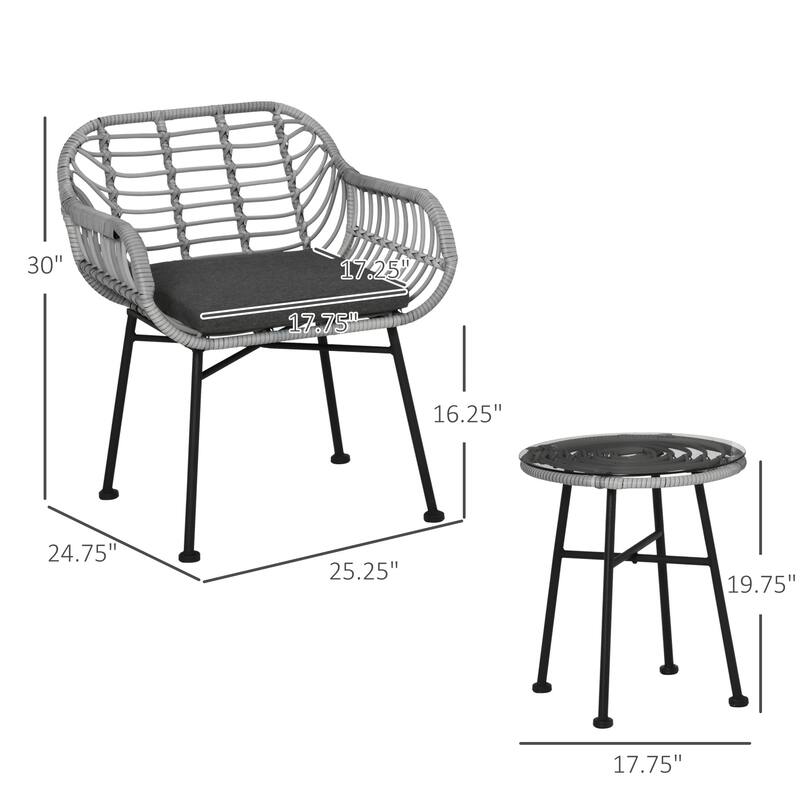 Outsunny 3 Pieces Patio PE Rattan Bistro Set, Outdoor Round Wicker Woven Coffee Set, Conversation Furniture Set