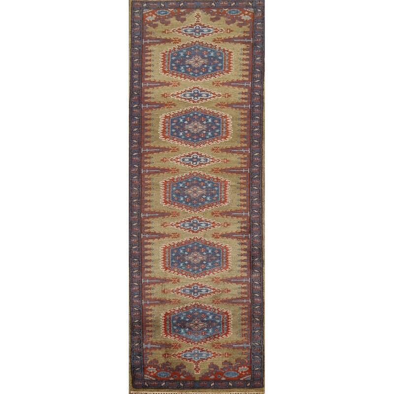 Green Geometric Viss Indian Runner Rug Hand-Knotted Wool Carpet - 2'6"x 9'7"