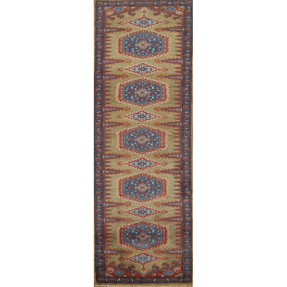 Green Geometric Viss Indian Runner Rug Hand-Knotted Wool Carpet - 2'6"x 9'7"