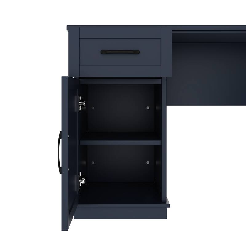 Roomfitters L-Shaped Computer Desk with Hutch, 2 Cabinets, 2 Drawers and 11 Open Shelves, with Power Outlet