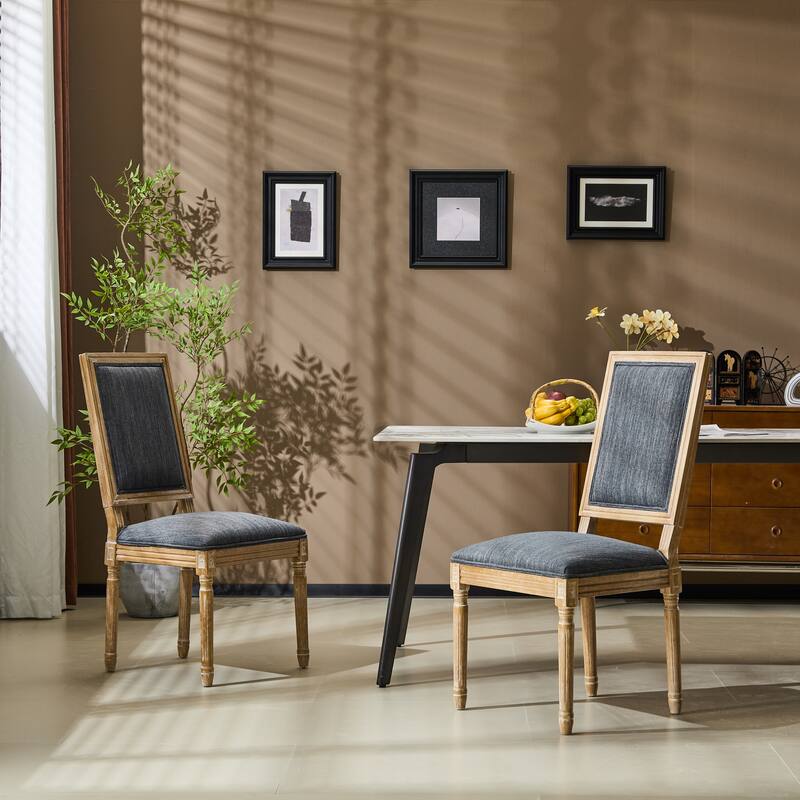 [Set of 2]Dining Chairs -Elegant Cane Backrest & Upholstered Seats with Fluted Legs -Rustic Weathered Finish -Rubberwood Frame