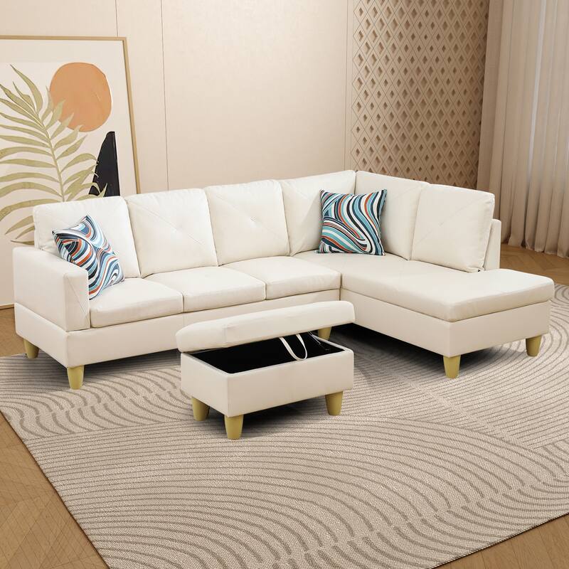 L-Shaped PU Leather Sofa & Chaise with Ottoman