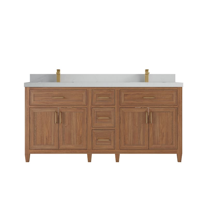 Willow Collections 72 in. W x 22 in. D Santa Monica Teak Double Sink Bathroom Vanity with Countertop - 2”Carrara Quartz - Dark Natural