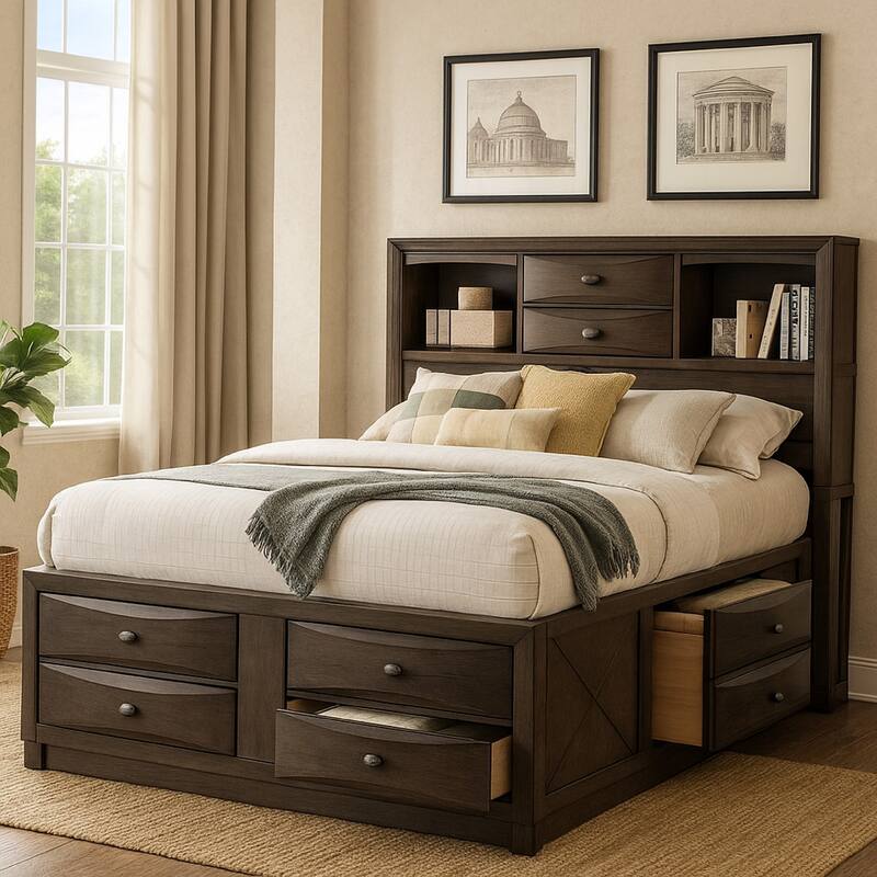 Simo Queen Bed, Bookcase Headboard, Storage Drawers, Gray