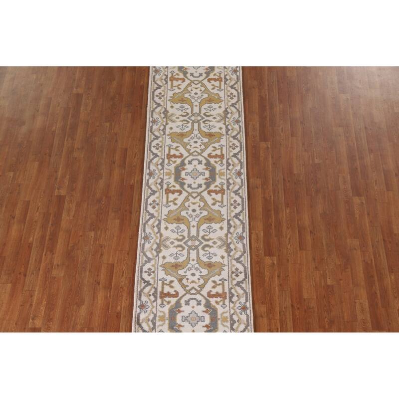 All-Over Ivory Oushak Indian Runner Rug Hand-knotted Wool Carpet - 2'6"x 10'2"
