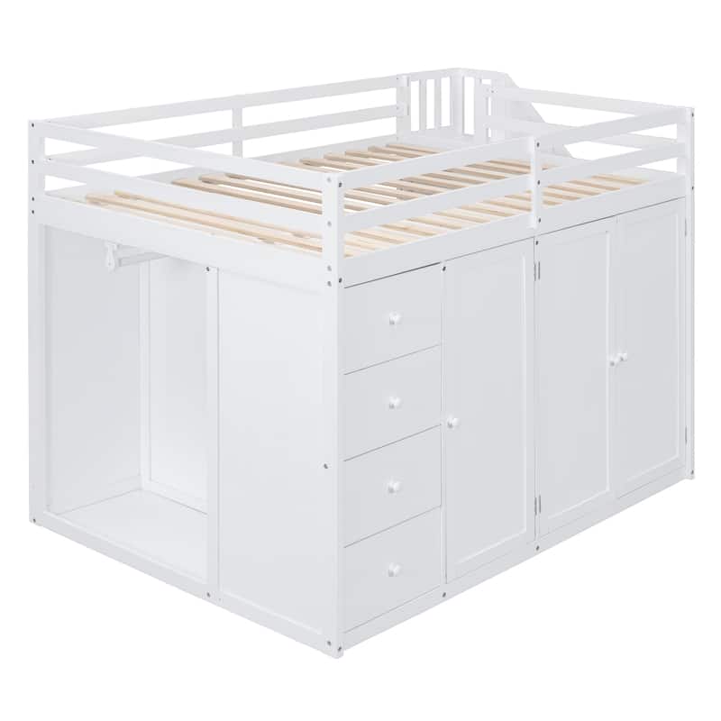 Full Size Wood Loft Bed With Built-in Wardrobes, Cabinets and Drawers