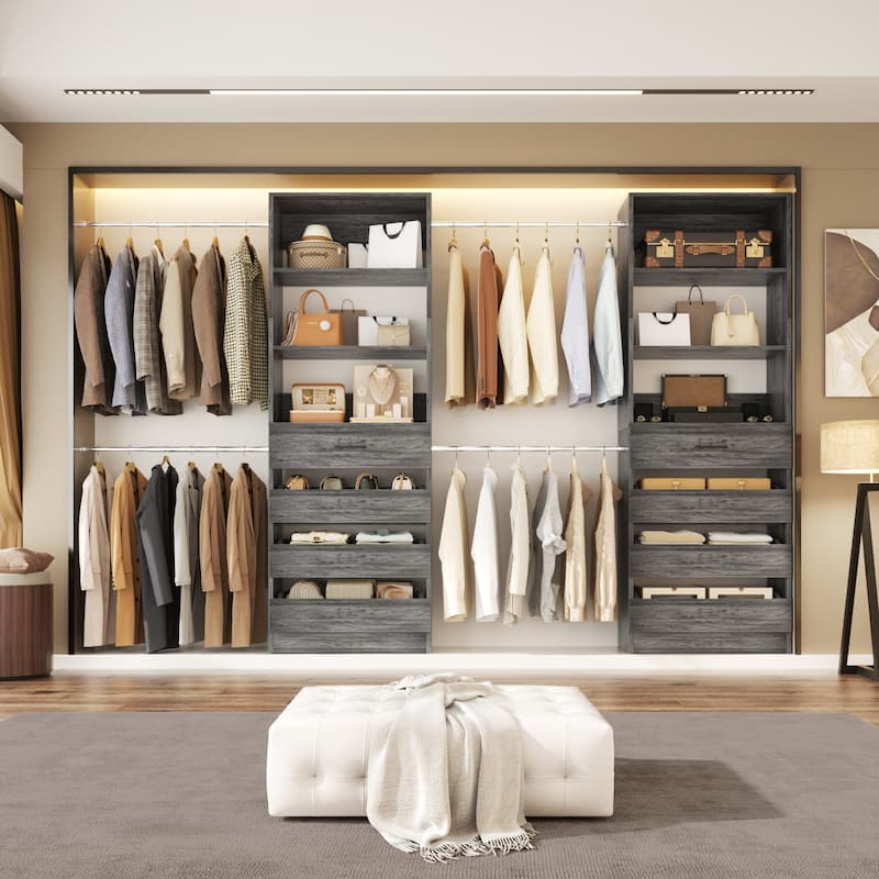 Qvella 95''-136'' W Closet System with 8 Wooden Drawers and 4 Hanging Rods, Walk-in Closet Organizer with 6 Storage Shelves