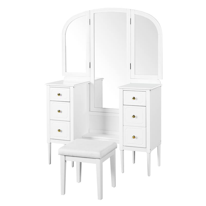 Makeup Vanity Desk with Triple Mirror, 6-Drawer Dressing Table Set Including Stool, Full Length Mirror