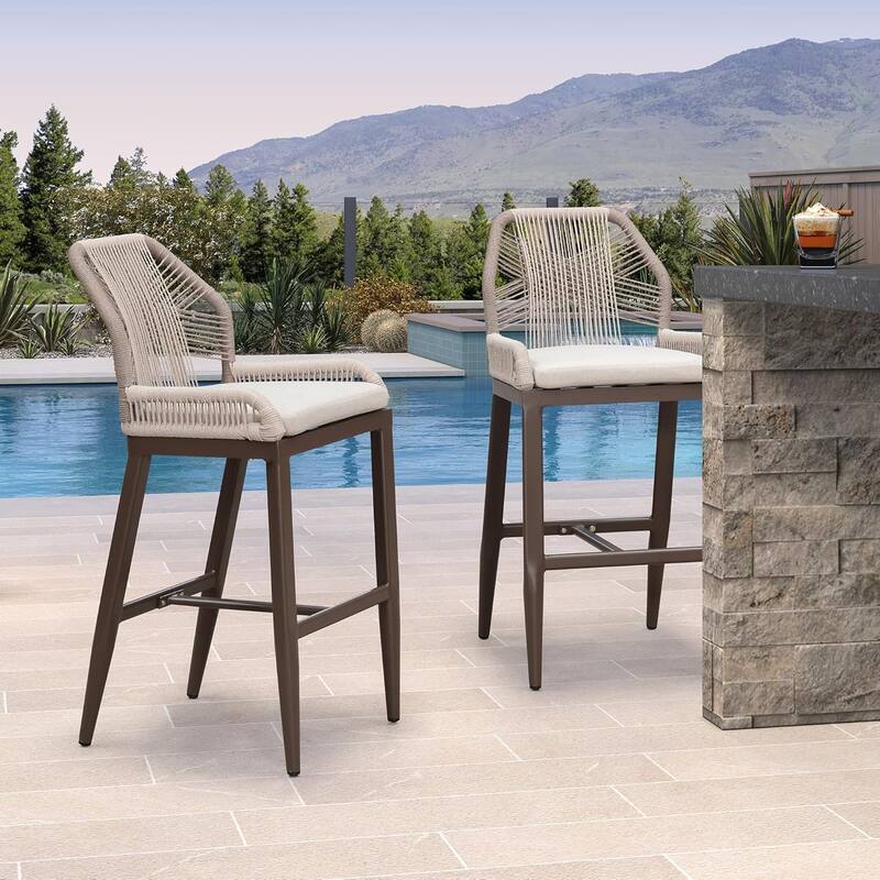 PURPLE LEAF Outdoor Bar Stools Chair Set of 2, All Weather Rattan and Aluminum Patio Bar Stool with Cushion - Coffee-Height stool