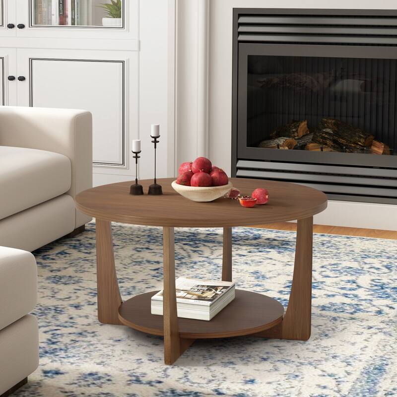 31.5" Round Coffee Table with Solid Wood Legs and 2-Tier Storage - 31.5"Dia x 17.72"H
