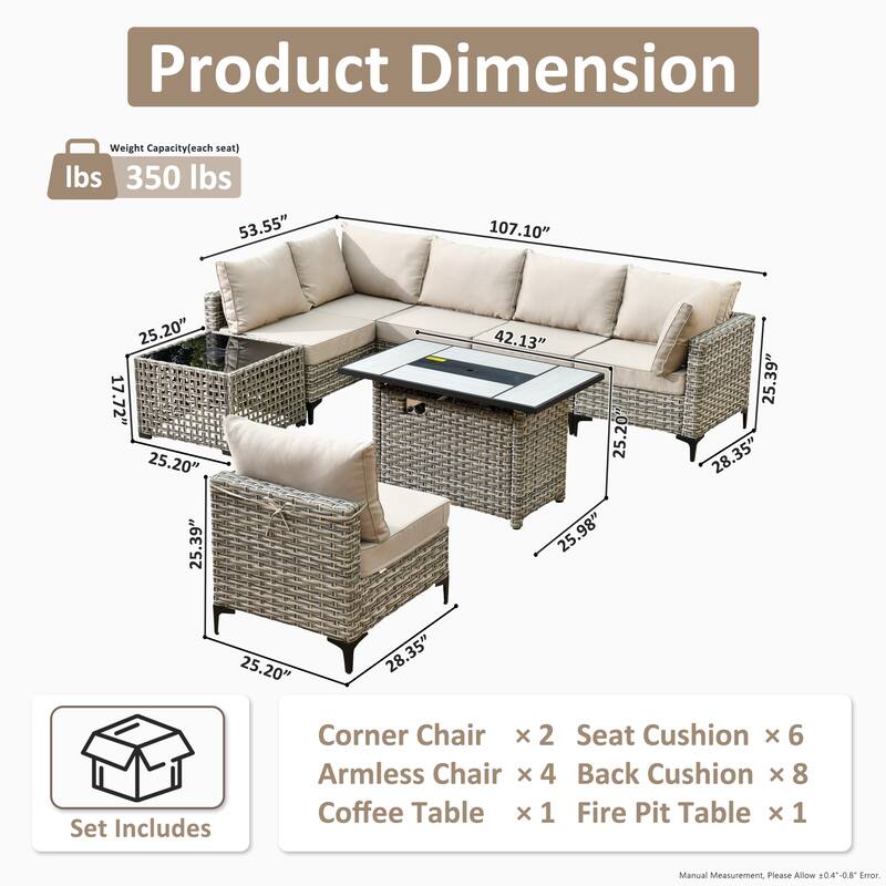 XIZZI 8-Piece Outdoor Wicker Furniture Sectional Set with Firepit