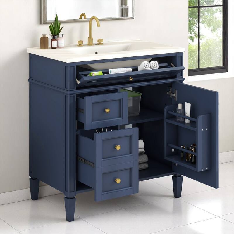 Modern 30 Inch Bathroom Vanity with Top Sink, Soft-Close Doors, Hidden Storage, and Drawer Organizer