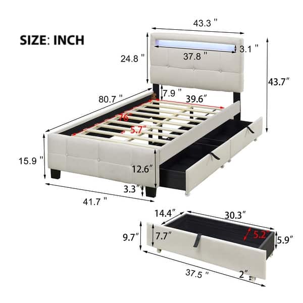 Twin Size Upholstered Platform Bed with LED Frame and Storage Drawers , Contemporary Style and Practical Design