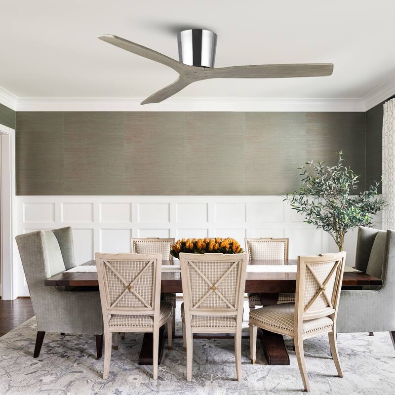 54" Transitional Solid Wood 3-Blade Chrome Flush Mount Ceiling Fan with Remote, No Light