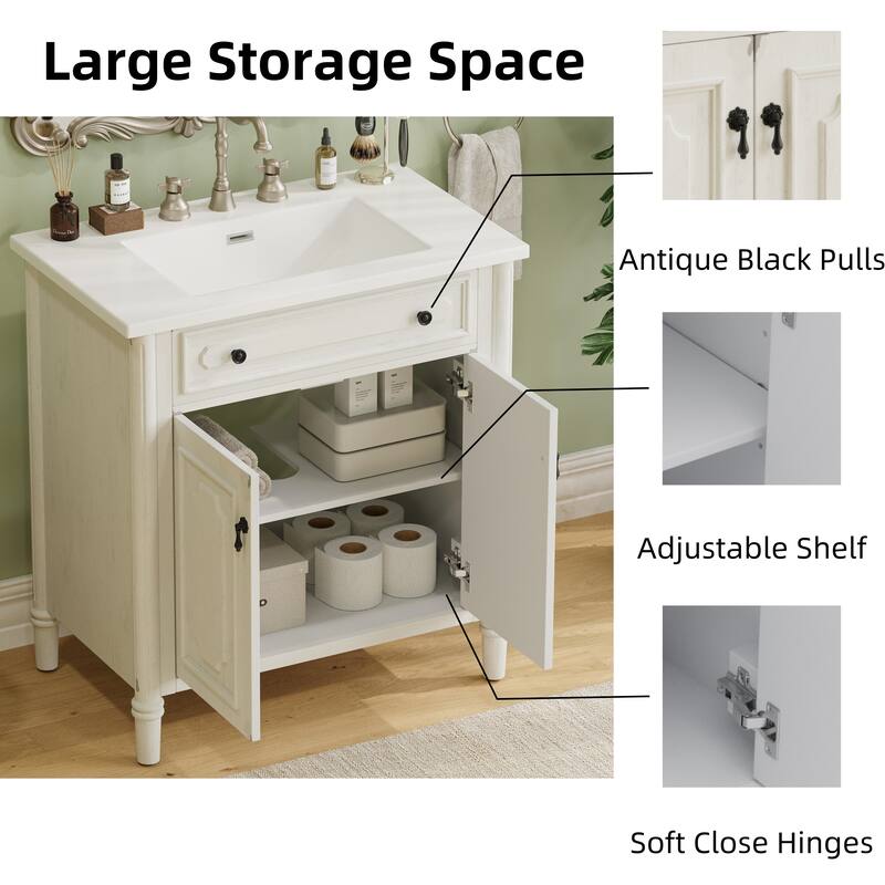 31" Bathroom Vanity with Sink, Rustic Bathroom Cabinet with Soft Close Doors and Adjustable Shelf, Curved Profile Design
