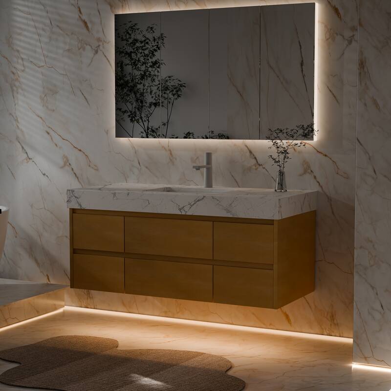Modland 48" Wall-Mount Bathroom Vanity with 6 Soft-Close Drawers, LED Lighting & Marble Top - 48 inch