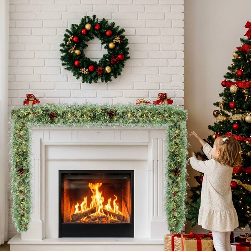 2 Pack 9FT Lighted Artificial Xmas Garland with 200 Warm Lights and 440 Tips and Red Berries