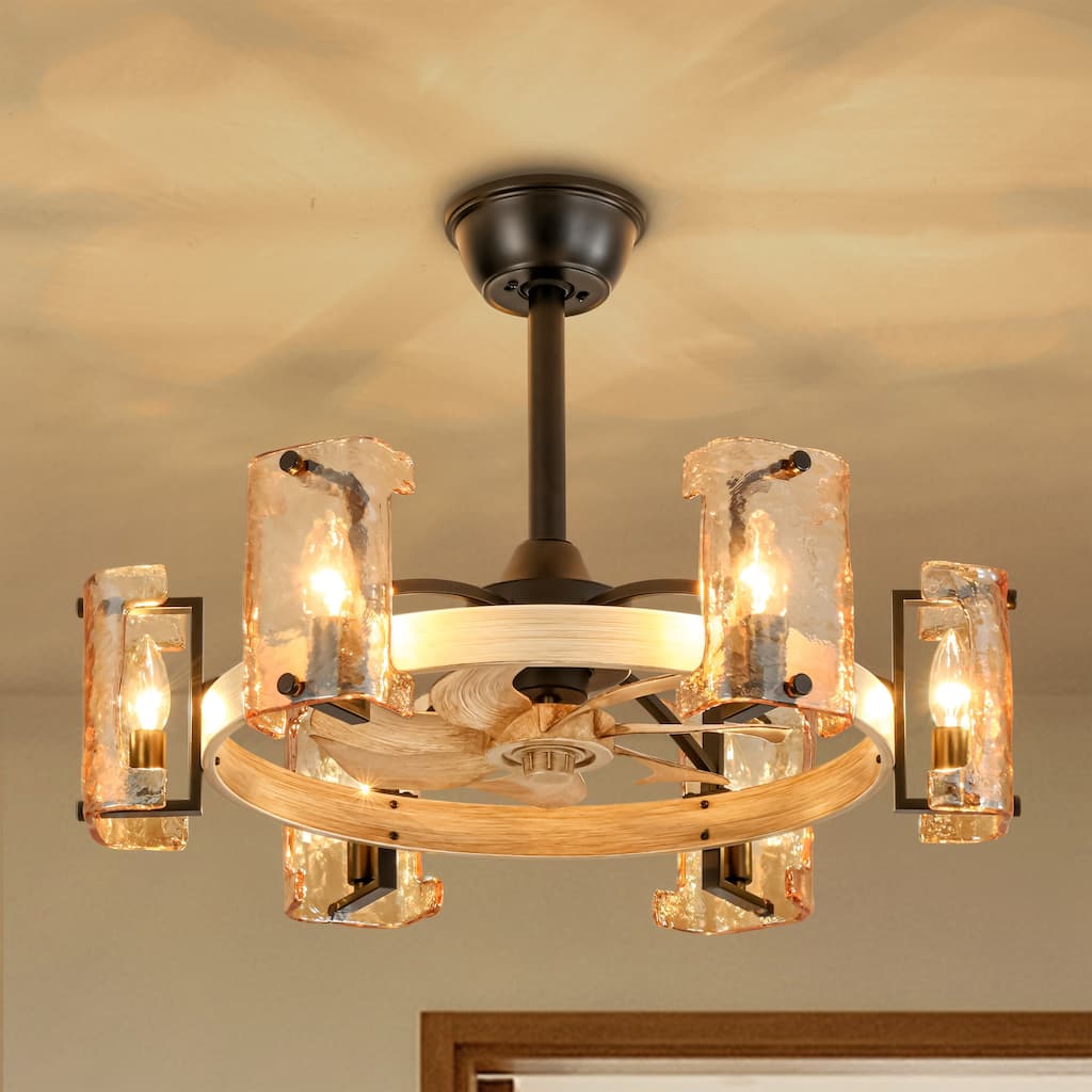 26.4 in. 6-Light Farmhouse Wood Finish Drum Ceiling Fan with Amber Glass Shades and Remote Control - 26.38 in. W x 7.87 in. H