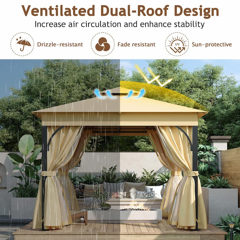 Outdoor Gazebo Tent with Double Roof, Mosquito Netting & Privacy Screens