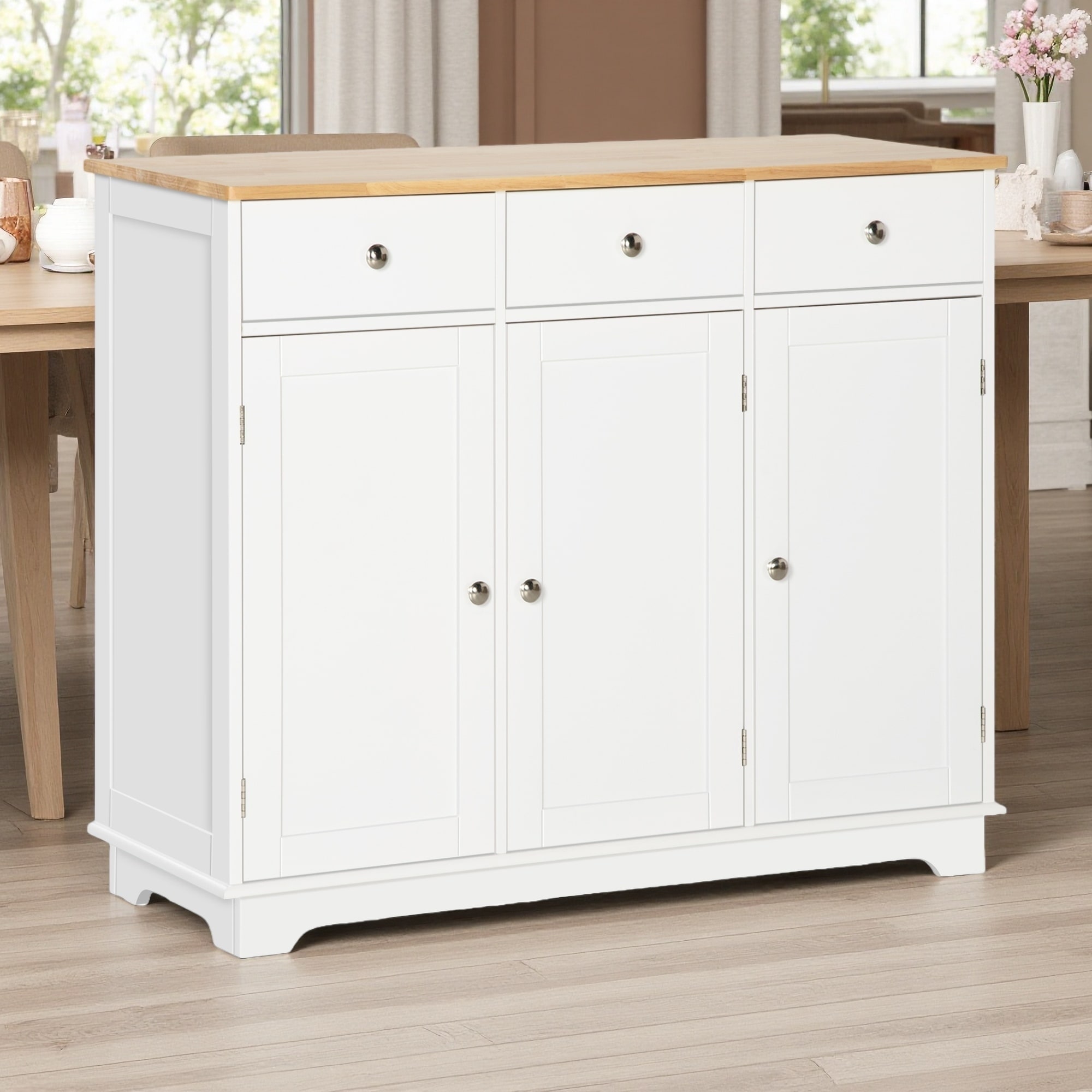 Sideboard with Solid Rubberwood Top, Drawers & Adjustable Shelf