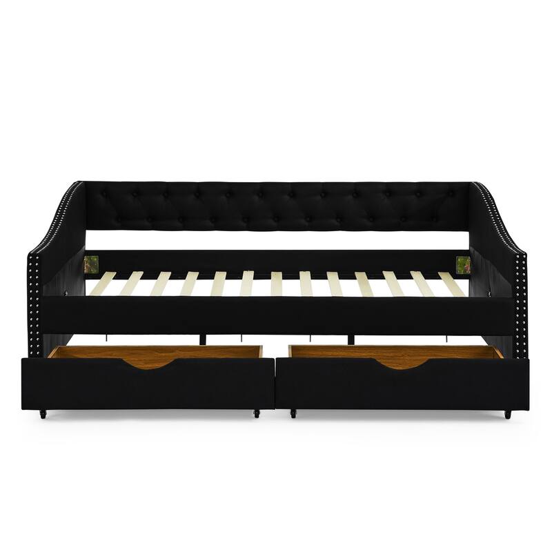 Roomfitters Twin/Full/Queen Upholstered Daybed with Tufted Backrest, Nailhead Trim and Underbed Storage Trundle