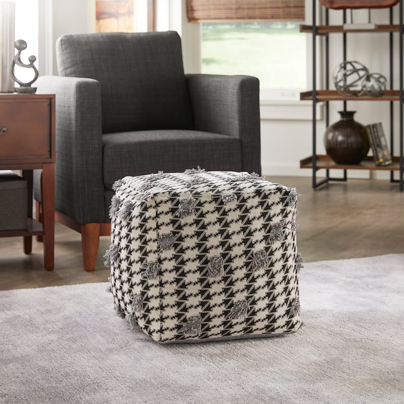 Brunico Upholstered Square Pouf Ottoman by iNSPIRE Q Bold - Black & White Houndstooth Pattern Fabric