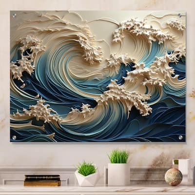 Designart "White And Blue Wave Papercut Style III" Coastal Waves Gloss Wall Decor - Coastal Acrylic Wall Art For Bedroom