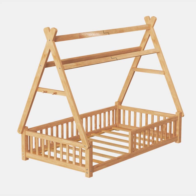 Twin Size Low House Tent Bed with Removable Roof Convertible Floor Bed with Fence, No Door for Kids Boys Girls