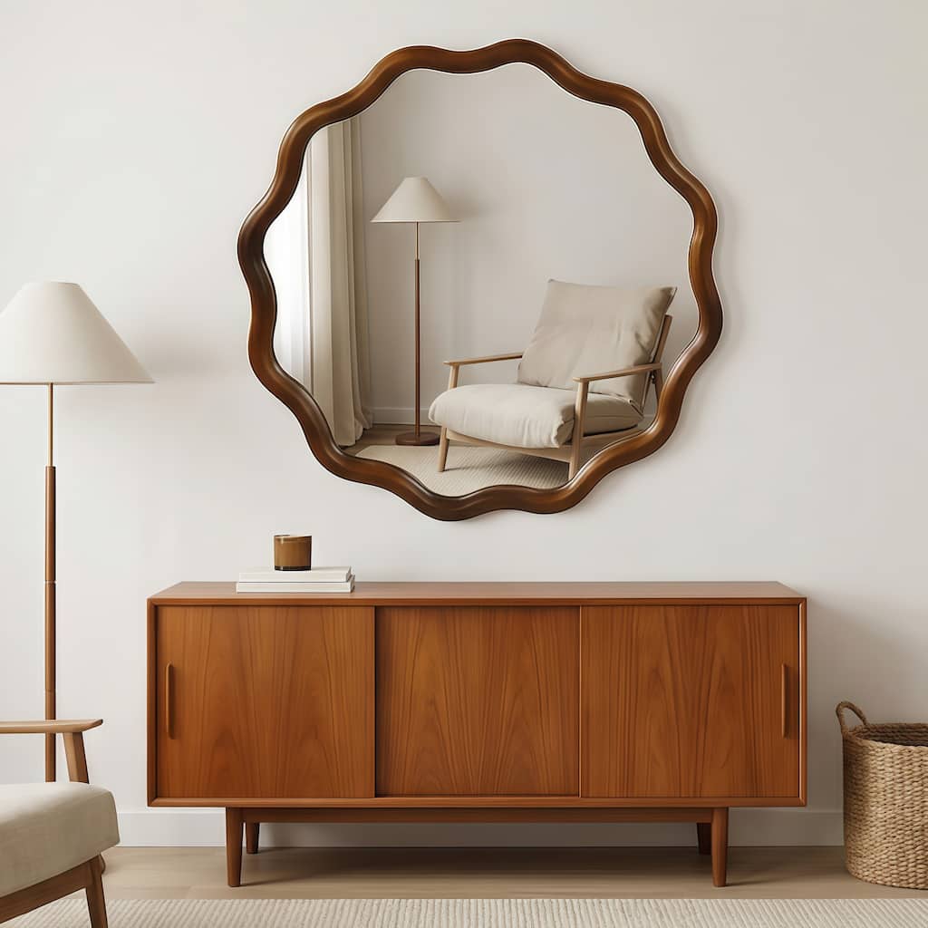 Black Walnut Color 36 inch Wavy Round Solid Wood Frame Decorative Mirror,For Bedroom, Bathroom, Living Room, Entryway