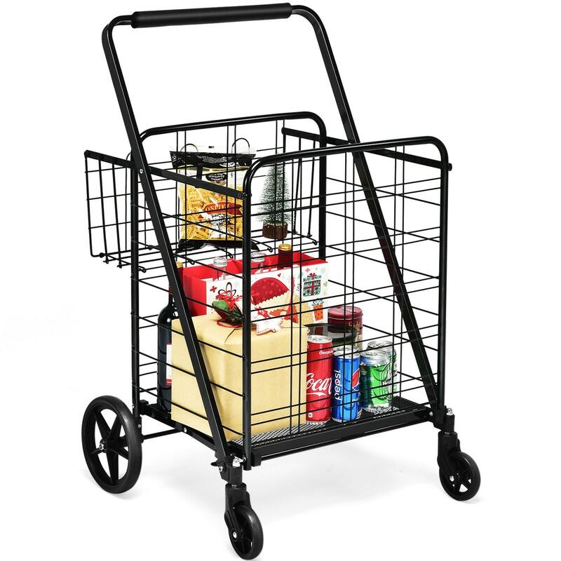 Multi-Purpose Foldable Grocery Cart with 360 Degree Front Wheels and Large Basket and Back Storage - 25" x 25" x 40"(L x W x H)