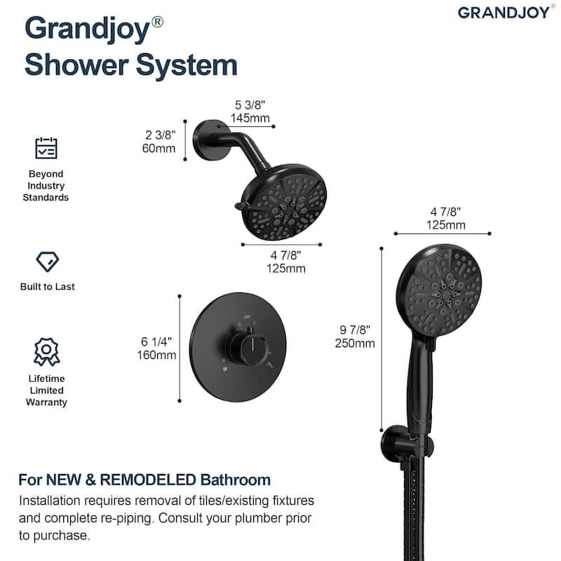 GRANDJOY Wall Mounted 5-Spray Shower System including Handheld Sprayer