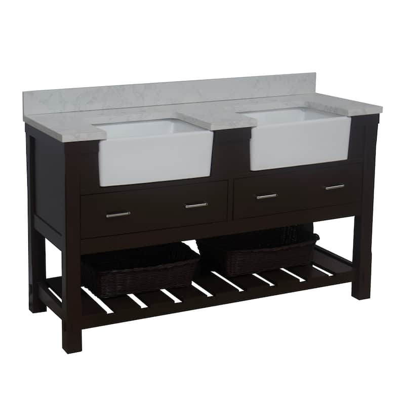 KitchenBathCollection Charlotte 60" Double Farmhouse Bathroom Vanity with Engineered Carrara Top - Chocolate