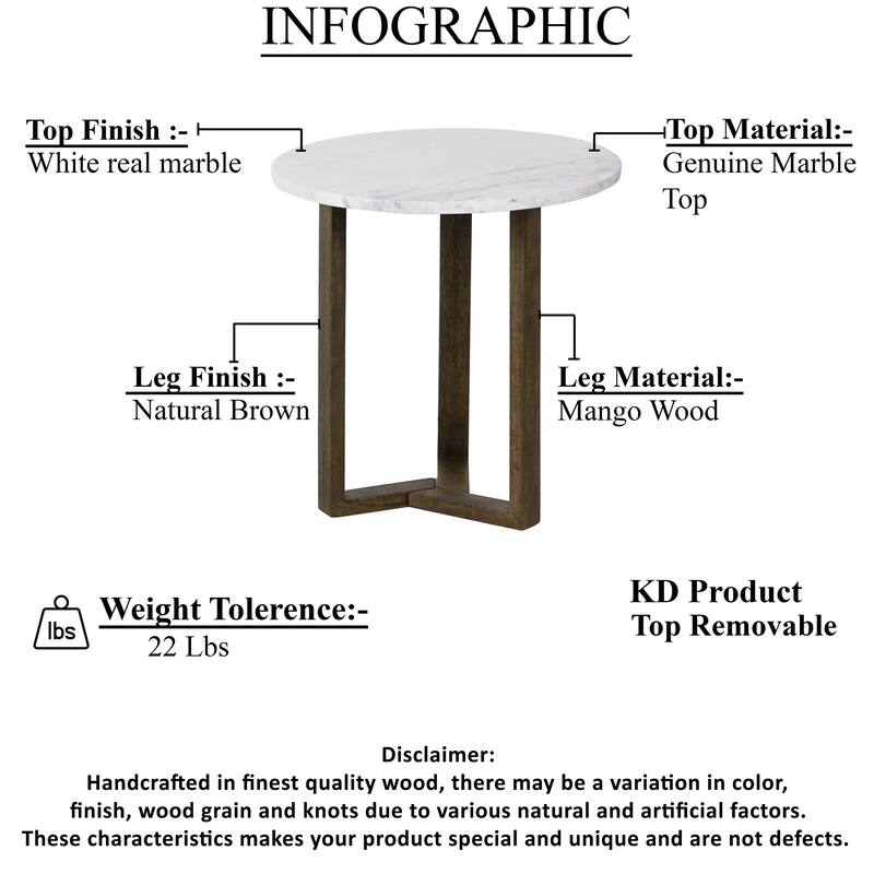 Fina Table, Round White Genuine Marble Top, Natural Brown Mango Wood 3 Leg Sled Base