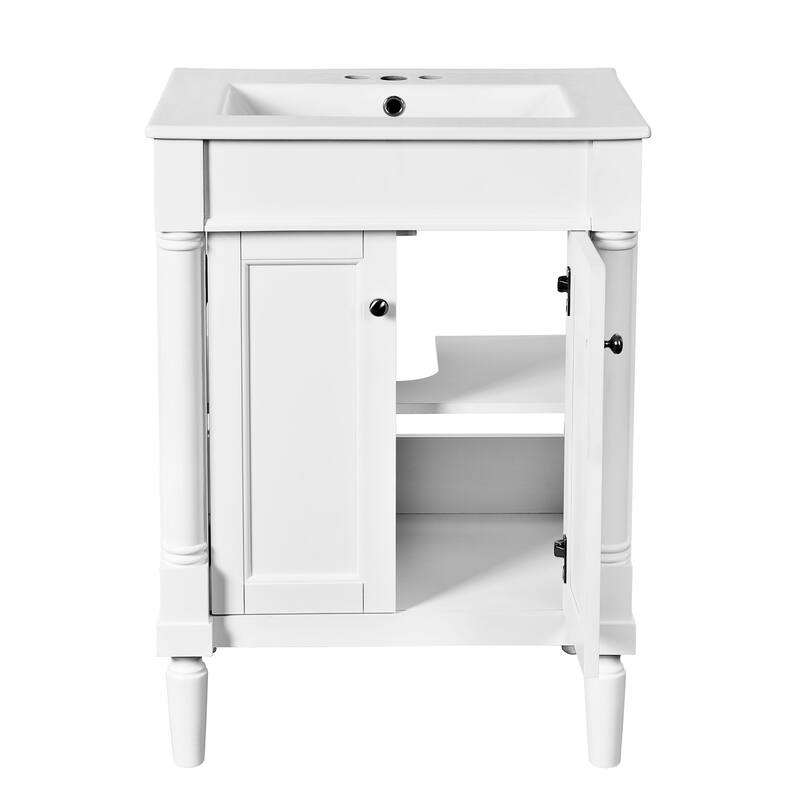 24 Inch Bathroom Vanity with Ceramic Top Sink, Freestanding Single Sink Vanity with Storage Shelves, Modern Style